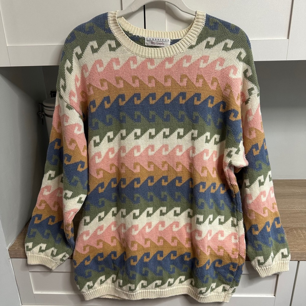 Vintage 90s Cambridge Dry Goods Coogi Style Wave Knit Sweater Pastel Unisex L